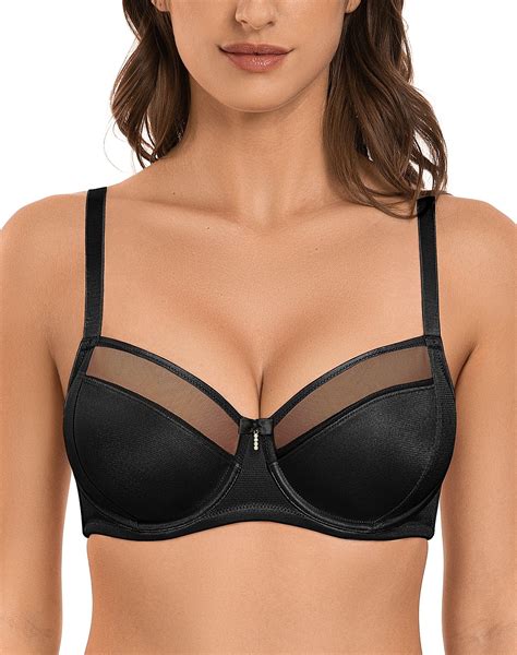 Deyllo Womens Unlined Sheer Mesh Lace Bra Underwired Support Non Padding Push Up Bra Plus Size