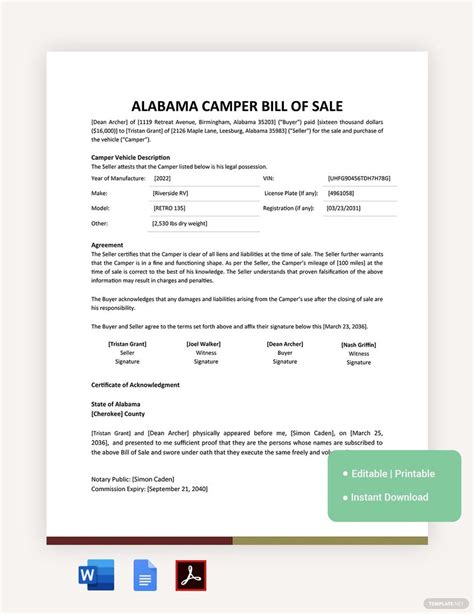 Camper Bill Of Sale Template Doc Example In Bill Of Sale Hot Sex