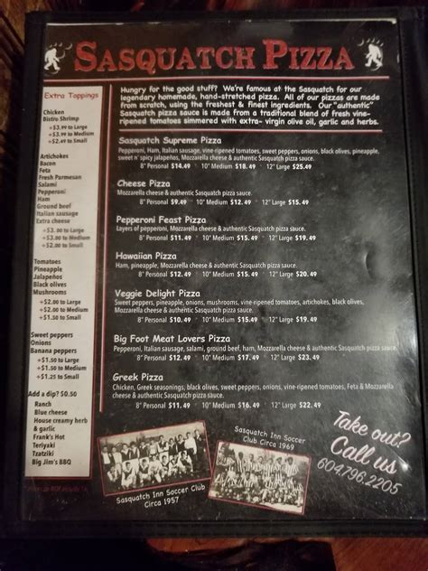 Menu At Sasquatch Inn Pub And Bar Harrison Mills