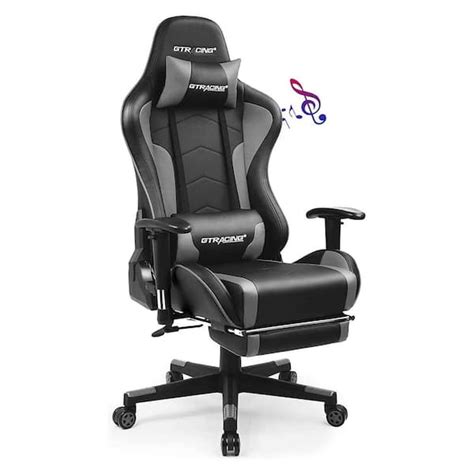 Lucklife Gray Gaming Chair With Footrest Bluetooth Speakers Ergonomic High Back Music Leather