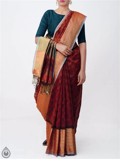 Pure Handloom Bengal Linen Saree With Hand Block Prints At Rs