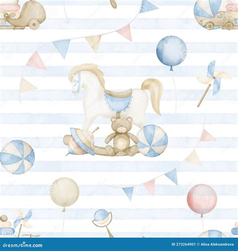 Seamless Watercolor Pattern With Baby Toys And Blue Stripes Hand Drawn