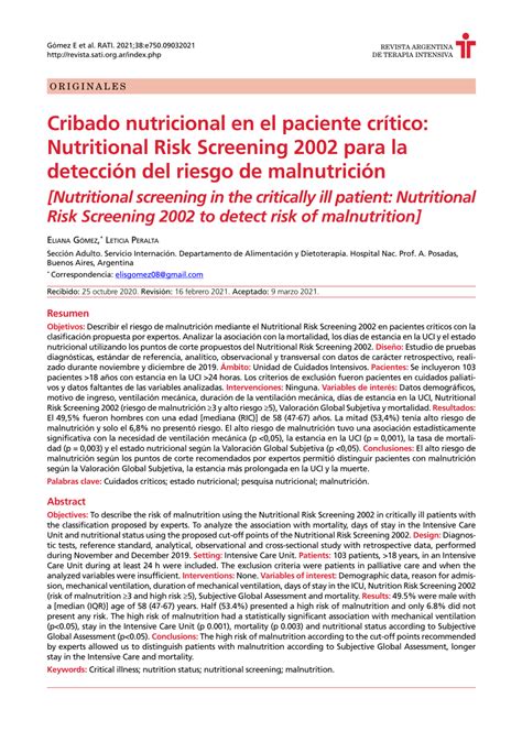 Pdf Cribado Nutricional En El Paciente Cr Tico Nutritional Risk