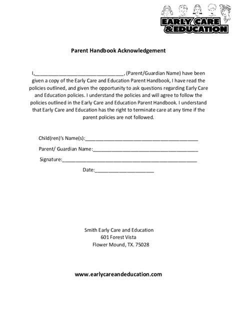 Fillable Online Parent Handbook Acknowledgement Early Care And