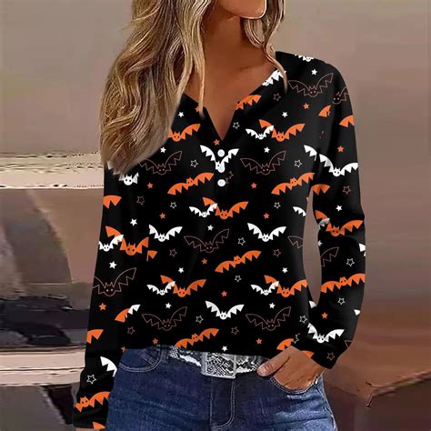 Dengdeng Halloween Shirts For Women Long Sleeve V Neck Button Down Tops