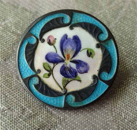 Antique Sterling Silver Enamel Button Guilloche Hand Painted Violet Art