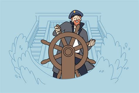 Smiling Captain Standing At Ship Wheel During Sea Storm Happy Skipper