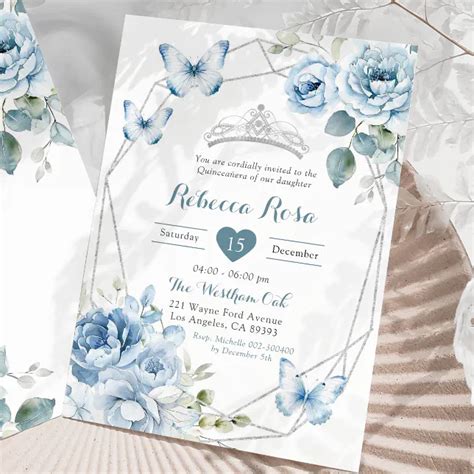 Dusty Blue Silver Floral Butterfly Quinceañera Invitation Zazzle