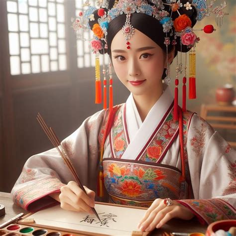 Premium Photo | Chinese girl painting wallpaper