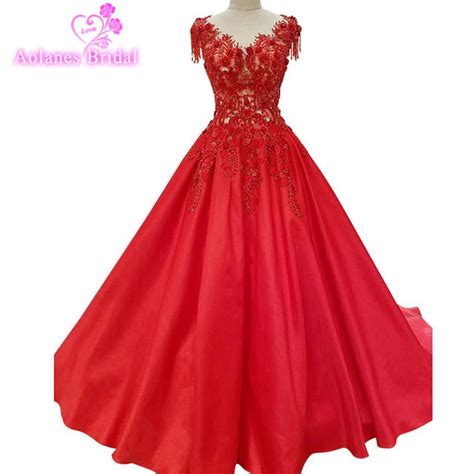 Buy 2017 Red Ball Gown Evening Dresses O Neck Lace