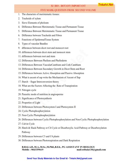 Th Standard Bio Botany Important Mark Questions Mr B Balaji