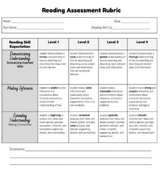 reading comprehension rubric  dianatheoteaching tpt