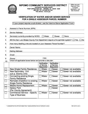 Fillable Online Ncsd Ca VERIFICATION OF WATER ANDOR SEWER SERVICE FOR A