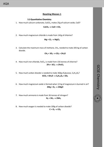 Gcse Chemistry Calculating Reacting Masses Worksheet Teaching Resources