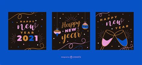 Happy New Year Social Media Post Set Vector Download