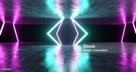 Futuristik Modern Scifi Neon Tube Bentuk Bercahaya Pada Permukaan Beton