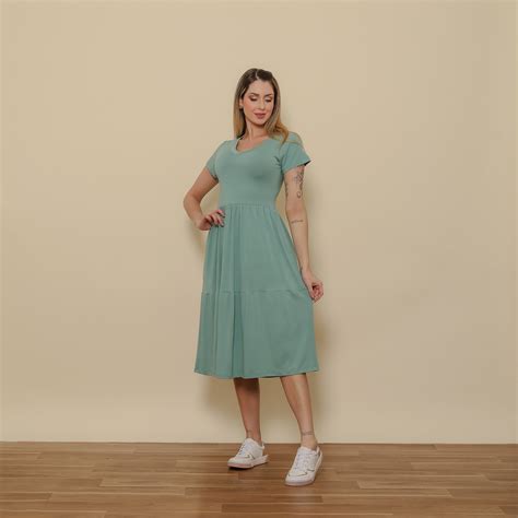 Aura Loja Vestido Camadas Viscolycra Liso Verde Vestidos