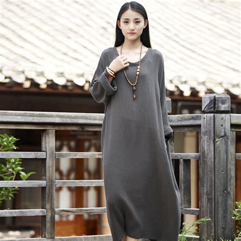 Womens Autumn Loose Fitting Long Sleeve Cotton Dress Robe With Etsy