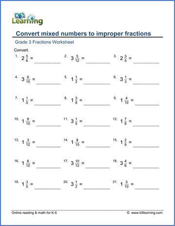 Grade Math Worksheet Convert Mixed Numbers To Improper Fractions