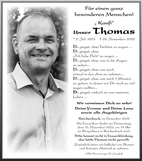 Traueranzeigen Von Thomas Trauer In Thueringen De