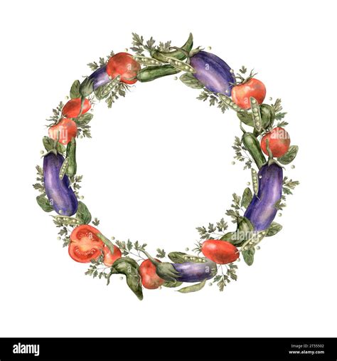 Watercolor Wreath Of Vegetables Tomato Eggplant Tomato Peas