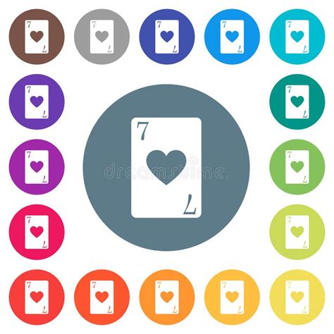 Seven Of Hearts Card Flat White Icons On Round Color Backgrounds Stock