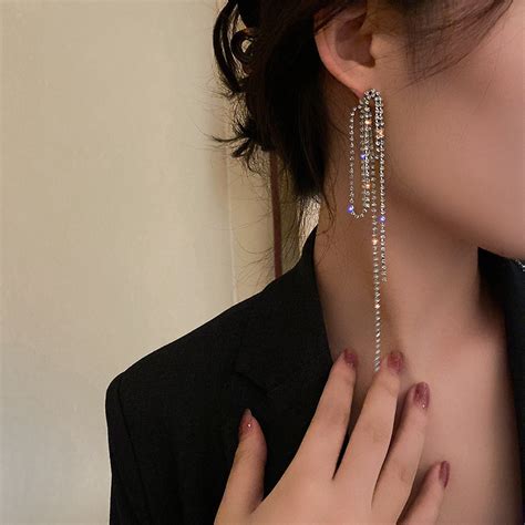 Fyuan Long Tassel Crystal Earrings For Women Bijoux Shine Geometric