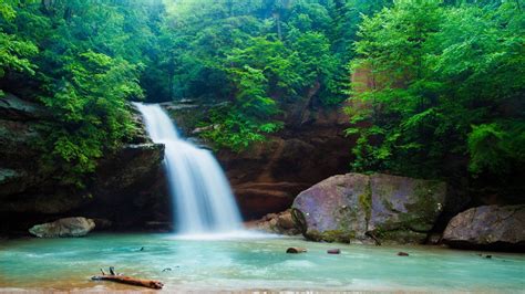 Beautiful Waterfall From Rocks Pouring On River In Green Trees Forest Background Hd Nature