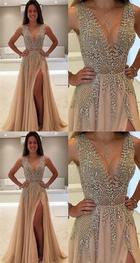 Luxury Beading Crystal A Line Prom Dresses Deep V Neck Side Split