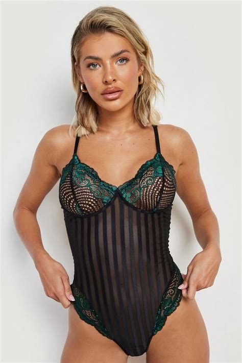 Lace Mesh Stripe Bodysuit Boohoo Usa