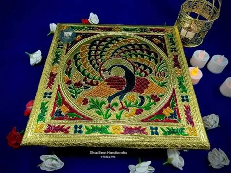 ShopBeat Golden Oxidised Peacock Metal Leg Wooden Pooja Chowki 12x12