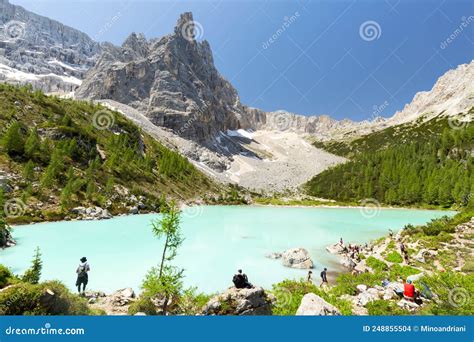 Morning With Clear Sky On Lago Di Sorapis In The Italian Dolomites