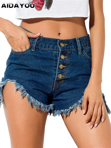 Women Denim Shorts Button Front Tassels Frayed Raw Hem Femme Push Up Skinny Slim Denim Shorts