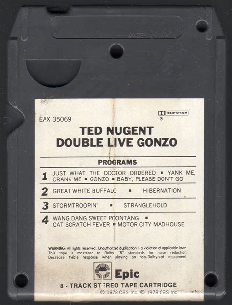 Ted Nugent - Double Live Gonzo 1978 EPIC A17A 8-TRACK TAPE