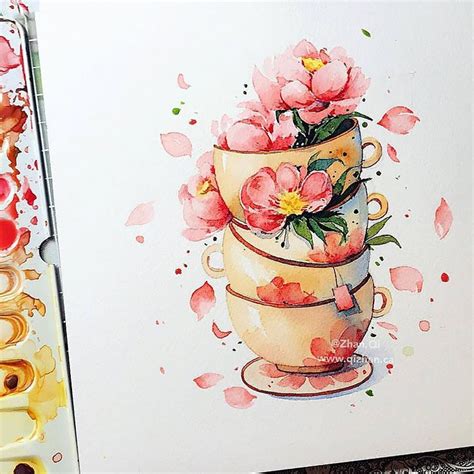 a watercolor painting of a vase with flowers on it