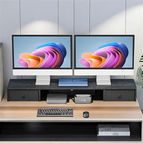 Dual Monitor Stand With 2 Drawers Extra Storage Multifunctional