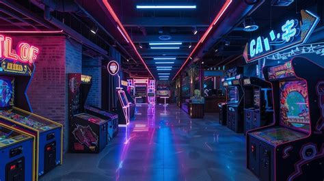 retro arcade interior  neon lights  classic arcade games