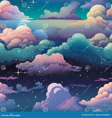 Cartoon Clouds And Stars In The Night Sky Stock Illustration