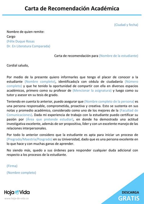 Ejemplo De Carta De Recomendación Académica Descargar Gratis