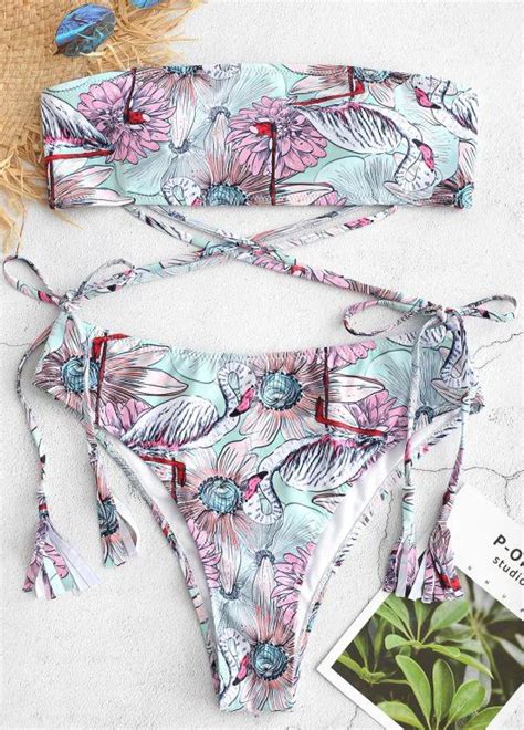 Floral Flamingo Print High Waisted Bikini Set High Waisted Bikini