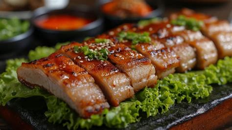 Samgyeopsal Thick Slices Of Grilled Pork Belly Often Wrapped In