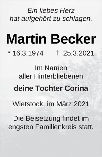 Traueranzeigen Von Martin Becker Trauer Nordkurier