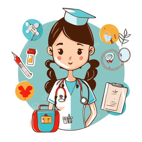 Nursing Education Vector, Sticker Clipart Cartoon Female Nurse Holding A Stethoscope And Other ...