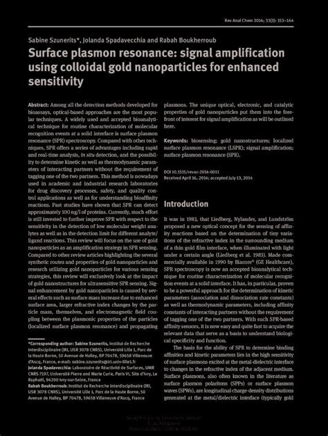 Pdf Surface Plasmon Resonance Signal Amplification Using Colloidal Gold Nanoparticles For