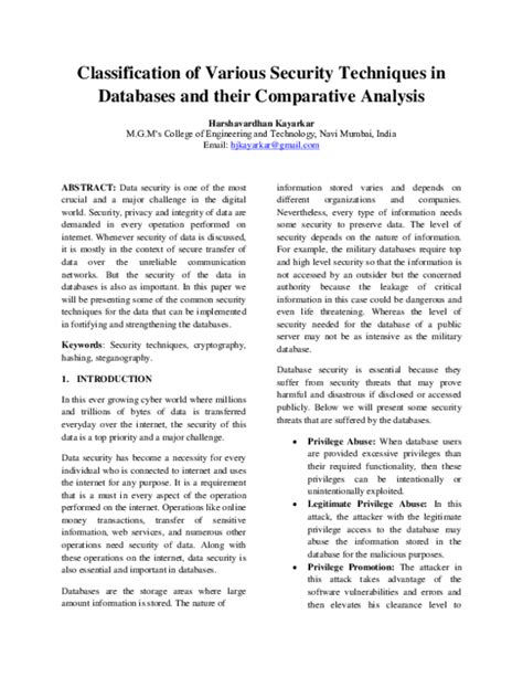 Pdf Classification Of Various Security Techniques In Databases And