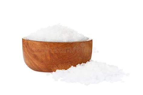 Wooden Bowl And Heap Of Natural Sea Salt Isolated On White Stock Image