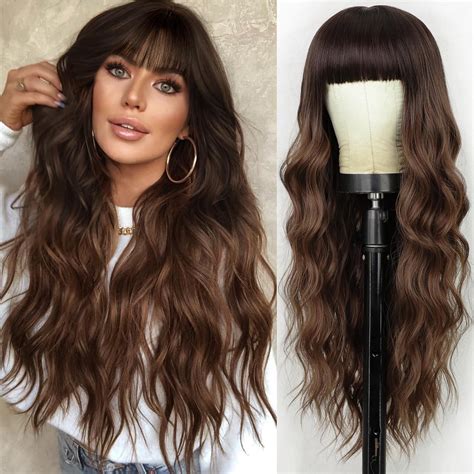 Lativ Brown Wig With Bangs Long Wavy Wig With Dark Roots For Women Curly Wavy Wig