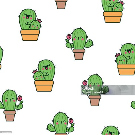 Cute Kawaii Cactus Seamless Pattern Funny Succulent Plant With Happy