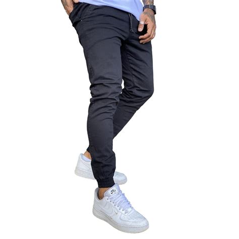 Calça Jogger Jeans Sarja Masculina Com Punho Cós Elástico Escorrega O