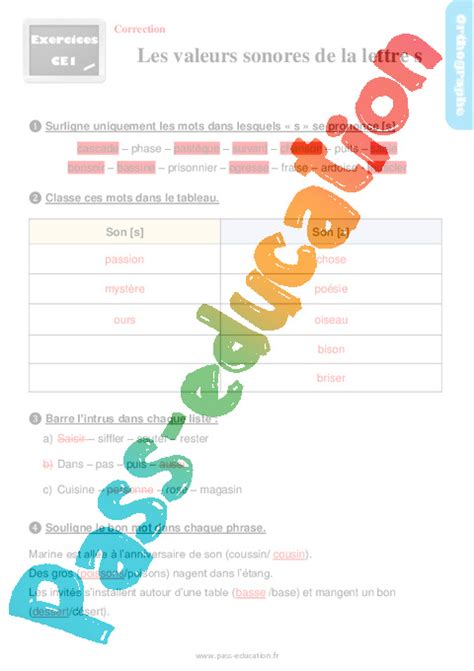 Les Valeurs Sonores De La Lettre S Ce Exercices R Visions Pdf